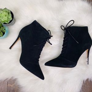 Black lace up high heeled booties ~ SOMETHING NAVY